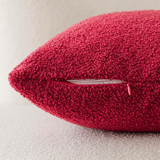 Foindtower Pack of 2, Curly Faux Fur Decorative Throw Pillow Covers Soft Neutral Plush Cushion Case Cozy Fluffy Furry Pillowcase for Home Living Room Couch Bedroom Bed Sofa 18x18 Inch Burgundy Red