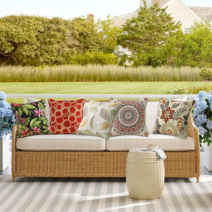 Outdoor Decorative Pillows Pack of 4, 18" x 18" Outdoor Pillow Set for Couch Bed Throw Patio Sofa, Red Flower Green Leaf