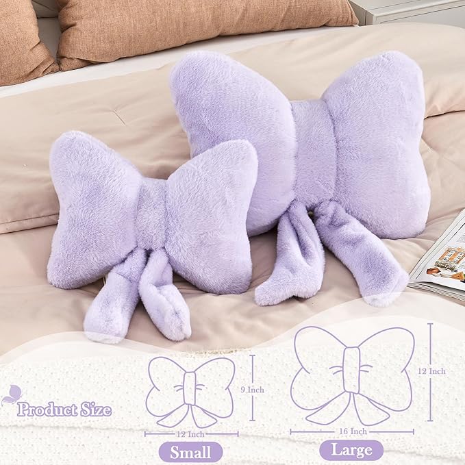 Lavender Bow Pillow, Soft Bow Decorative Pillows with Faux Rabbit Fur, Cute 16" Bow Throw Pillows, Aesthetic Home Decor Bow Shaped Plush Pillow for Bedroom Sofa Couch