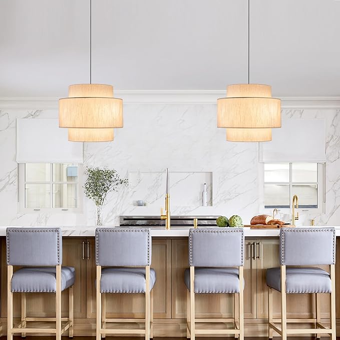 Pendant Lights with Beige Linen Drum Shade Chandelier Hanging Light Fixture 19.7" Pendant Lights Kitchen Island, Large Drum Pendant Light Fixtures 3-Tier Kitchen Chandelier for Entryway Living Room