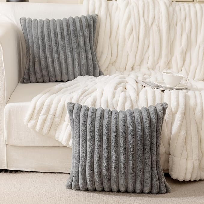 MOSAYT Faux Fur Throw Pillow Covers 18x18, Set of 2, Plush Velvet Soft Pillow Case,Fluffy Striped Decorative Couch Pillow Covers for Sofa, Bedroom, Living Room(Grey)