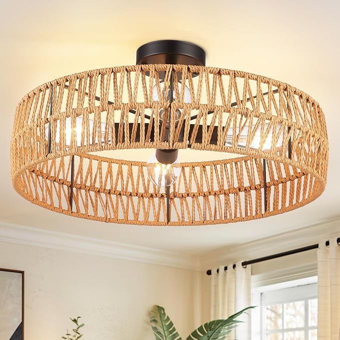 Hamilyeah 20 inch Boho Flush Mount Ceiling Light Fixture, Rattan Ceiling Light Fixture with 4 Light,Woven Light Fixtures Ceiling Mount for Living Room, Bedroom, Kitchen
