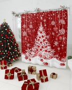 Vandarllin Red Christmas Shower Curtain, White Xmas Tree Snowflakes Red Balls Shower Curtains Set with Hooks, Winter Waterproof Fabric Bathroom Curtains Decor Home Accessories,66 X 72 Inch Long