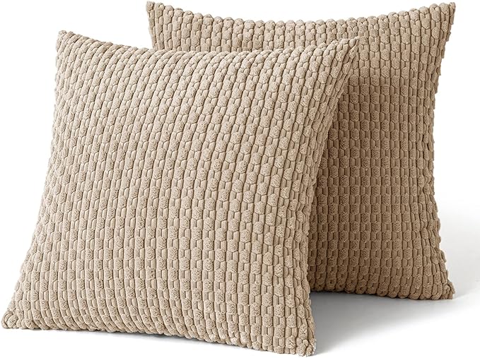 MIULEE Pack of 2 Decorative Throw Pillow Covers 24x24 Inch Soft Boho Striped Textured Corduroy Pillow Covers Modern Farmhouse Home Decor for Couch Bed Sofa Living Room Neutral Tan