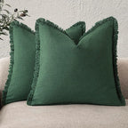 Foindtower Set of 2 Decorative Linen Fringe Throw Pillow Covers Cozy Boho Farmhouse Cushion Cover with Tassels Soft Accent Pillowcase for Couch Sofa Bed Living Room Home Decor, 20×20 Inch, Pine Green