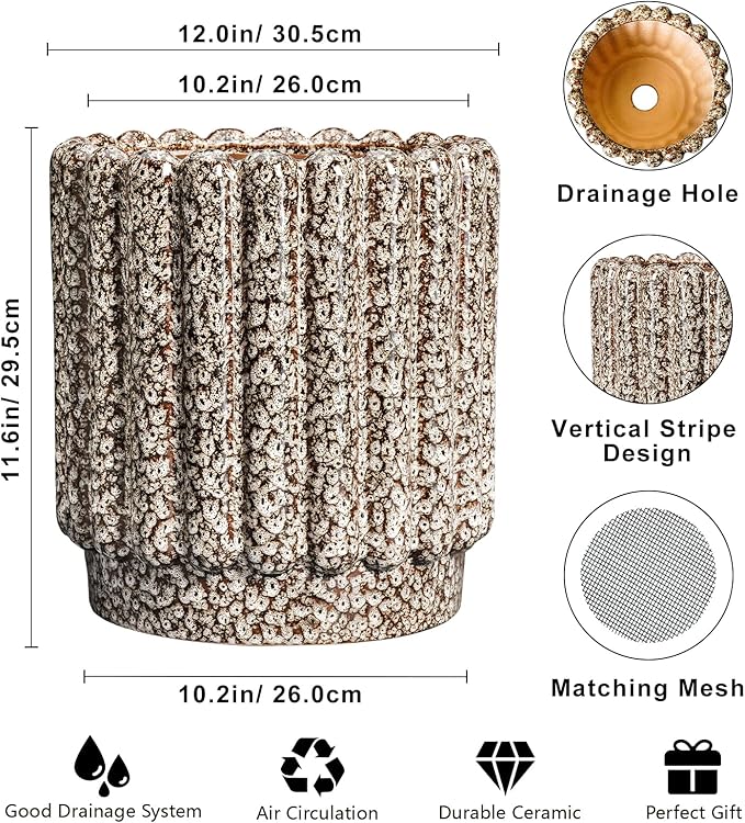 Ceramic Pots for Plants - 12 Inch Planter for Indoor Plants, Round Flower Pots with Drainage Hole, Large Ceramic Planter Outdoor, Porch Decor, Housewarming Gifts, Leopard Print White