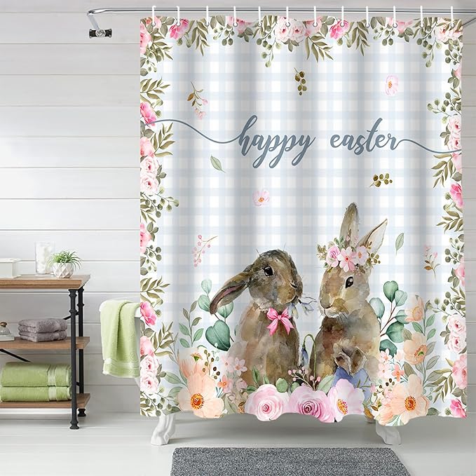 Rabbits Flowers Easter Shower Curtain, Eucalyptus Leaf Spring Shower Curtains Set with Hooks, Grey White Buffalo Plaid Waterproof Fabric Bathroom Curtains Decor Home Accessories,Stall 48 X 72 Inch