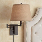 Franklin Iron Works Brinly Farmhouse Rustic Swing Arm Wall Lamp Matte Brown Metal Plug-in 12" Fixture Burlap Hardback Drum Shade for Bedroom Bedside Living Room Hallway Dining House Reading
