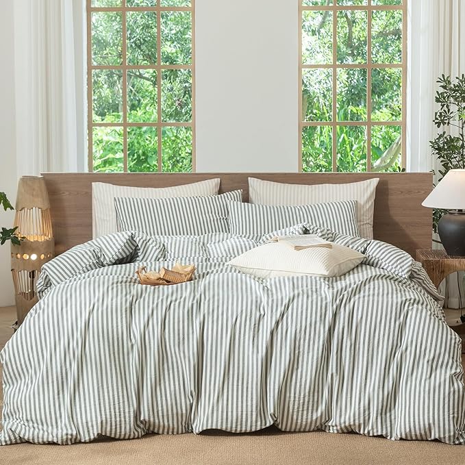 MooMee Striped Duvet Cover Set 100% Washed Cotton Linen Like Textured Breathable Durable Soft Comfy (Heathered Green Classic Stripes, Palatial King/Oversized King 120"x98")
