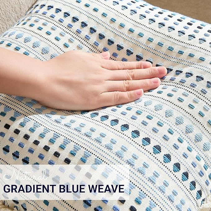 Decorative Pillow Covers Set of 2, Boho Farmhouse Couch Throw Pillows with Tassels, Textured Small Dot Pattern Cushion Cases for Sofa Living Room Home Decor (Blue, 22" x 22" (Pack of 2))