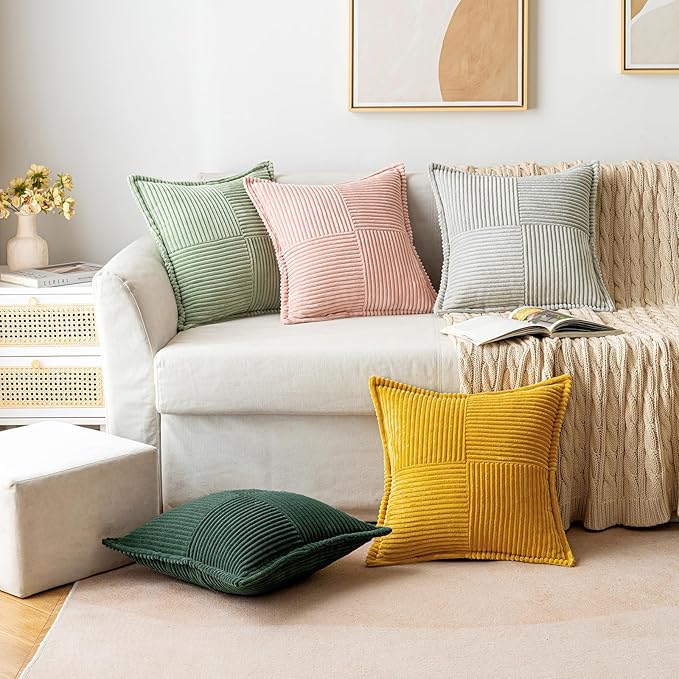 MIULEE Christmas Decorative Throw Pillow Covers for Couch Bed Livingroom 20x20 Inch Set of 2 Dark Green Boho Accent Throw Pllows Broadside Striped Patchwork Soft Corduroy Pillowcases