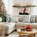 MIULEE Christmas Decorative Chenille Throw Pillow Covers, 18x18 Inch, Green White Tree, Set of 2 Cute Trees with Plaid Patterns Pillows for Sofa Couch Bedroom Chair Xmas Home Decor
