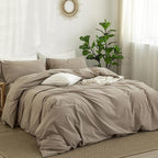 MooMee Bedding Duvet Cover Set 100% Washed Cotton Linen Like Textured Breathable Durable Soft Comfy (Solid Light Camel, Super King 108"x98")