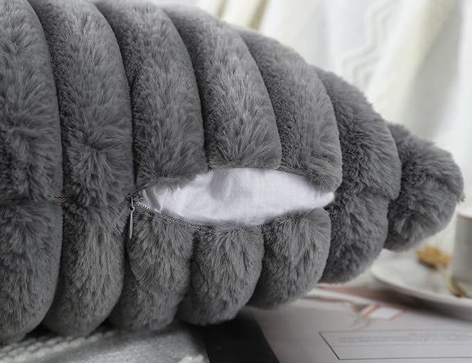 PANOD Faux Fur Decorative Lumbar Throw Pillow Covers 14 x 36,Plush Long Boho Lumbar Pillow Covers Pillow Case Cushion Case for Bed Sofa Farmhouse Livingroom,Grey