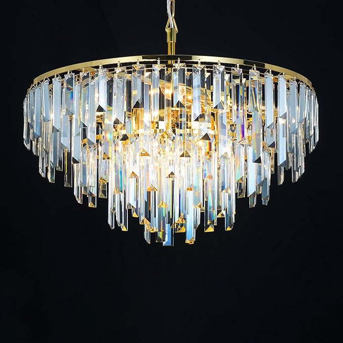 Gold Crystal Chandelier for Dining Room, 24" Modern Round Top K9 Crystal Chandeliers 5-Tier 8 Lights Adjustable Ceiling Hanging Pendant Light Fixture for Living Room Bedroom Foyer
