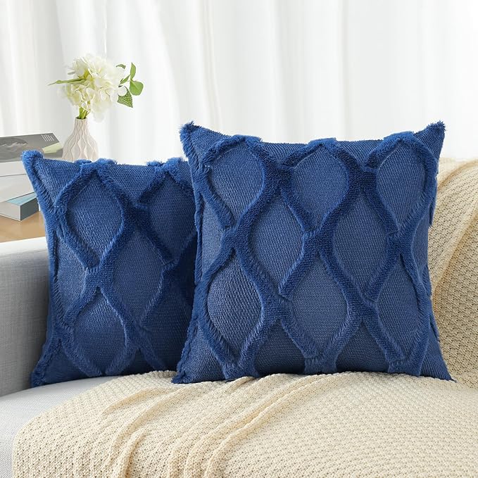 decorUhome Throw Pillow Covers 16x16 Inch Set of 2, Soft Plush Faux Fur Wool Dark Blue Couch Pillow Covers, Decorative Neutral Pillow Cases for Bed Sofa Living Room Home Decor