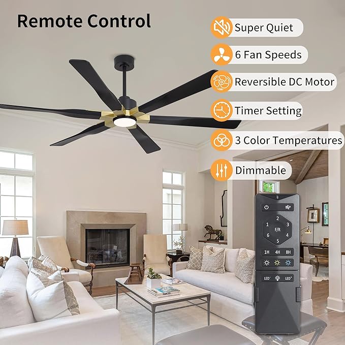 78 Inch Ceiling Fan with Lights and Remote Control, 6 Reversible ABS Blades, 6-Speed Noiseless DC Motor with 4.5" / 12" / 24" Downrods for Bedroom Dining Living Room, Gold and Black
