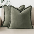 Woaboy Decorative Linen Fringe Throw Pillow Covers Boho Farmhouse Soft Euro Cushion Covers Accent Pillows with Tassels Christmas Home Decor for Bed Couch Sofa,24x24 Inch Set of 2,Light Olive Green