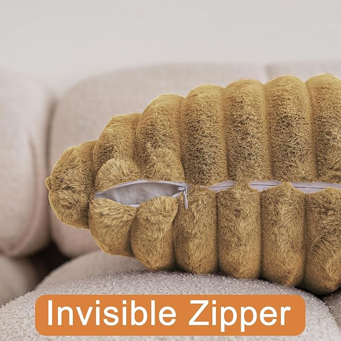Double-Sided Faux Fur Plush Throw Pillow Covers 22x22 Set of 2 Fuzzy Striped Soft Cozy Pillowcase Luxury Decorative Pillows Square Fluffy Cushion Cover for Couch Bed Living Room,Camel
