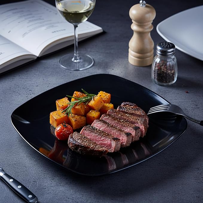 TP 10.5" Melamine Square Dinner Plates, 6-piece Plate Set Unbreakable Serving Dishes for Indoors and Outdoors, Unbreakable Dinner Service for 6, Black