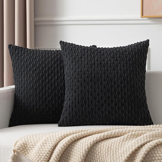 Kevin Textile Pack of 2 Corduroy Decorative Throw Pillow Covers 24x24 Inch Soft Boho Striped Pillow Covers Modern Farmhouse Home Decor for Spring Sofa Living Room Couch Bed Black