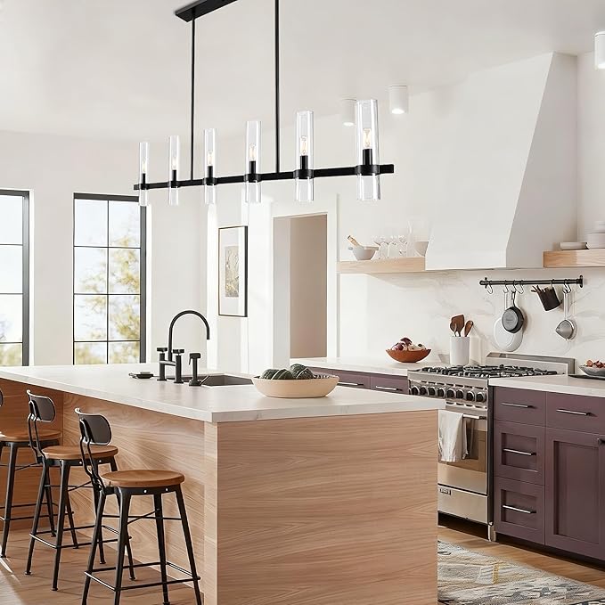 Untrammelife Modern Linear Island Light,6-Light Black Large Chandelier 36" W Rectangle Pendant Light with Clear Glass Shade,45 in Adjustable Rod Farmhouse Hanging Light Dining Room Kitchen Island