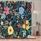 Boho Floral Shower Curtain, Colorful Flower Leaves Design for Bathroom Decor, Modern Rustic Country Wildflower Black Fabric Shower Curtains Set with Hooks, 72x72 Inches