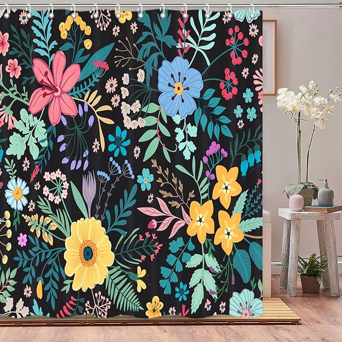 Boho Floral Shower Curtain, Colorful Flower Leaves Design for Bathroom Decor, Modern Rustic Country Wildflower Black Fabric Shower Curtains Set with Hooks, 72x72 Inches