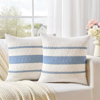 Fancy Homi Set of 2 Boho Light Blue Decorative Throw Pillow Cover 20x20 Inch for Couch Bed Sofa, Aesthetic Modern Organic Farmhouse Home Decor, Soft Cotton Cute Accent Macrame Woven Cushion Case