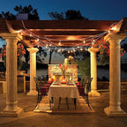 Mlambert 96FT(2x48FT) 3-Color in 1 Dimmable Solar String Lights Outdoor, Remote Patio String Lights with 30+5 LED Bulbs for Pergola Outside-White Cord