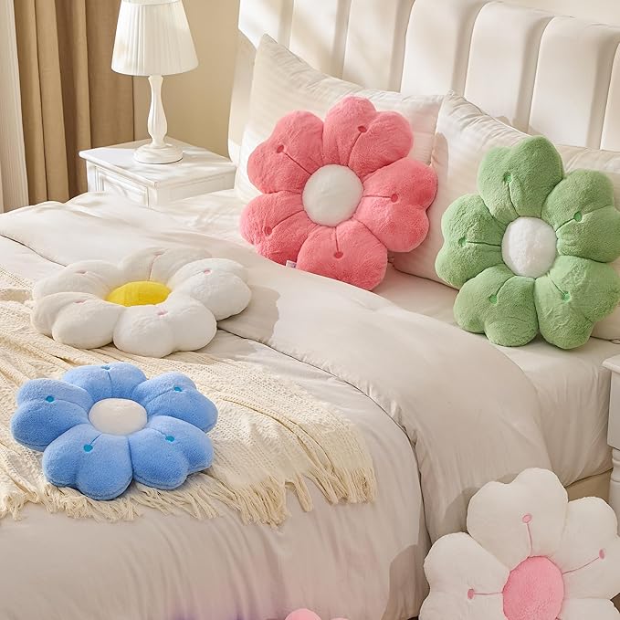 Flower Throw Pillow, Cute Daisy Cherry Blossom Flower Shaped White Throw Pillow 15.7In Floor Cushion for Home Bedroom Sofa Chair Couch Decor