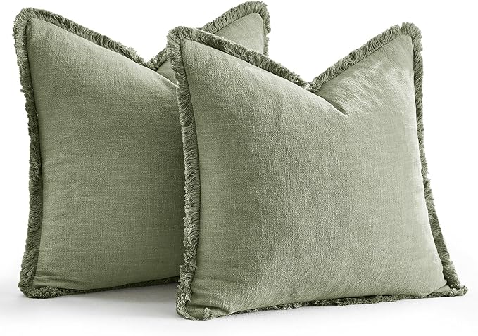 EMEMA Linen Fringe Throw Pillow Covers Set of 2 Boho Farmhouse Accent Decorative Pillowcase with Tassels for Couch Sofa Bed Living Room Home Decor 20x20 Inch,Sage Green