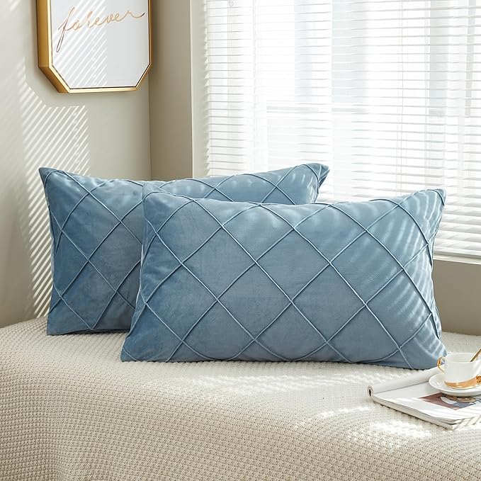 JAUXIO Diamond Pinch Pleated Crystal Velvet Pillowcases 2 Pack Solid Pintuck Throw Cushion Cover for Home Decor Hidden Zipper Closure (Dusty Blue, King)