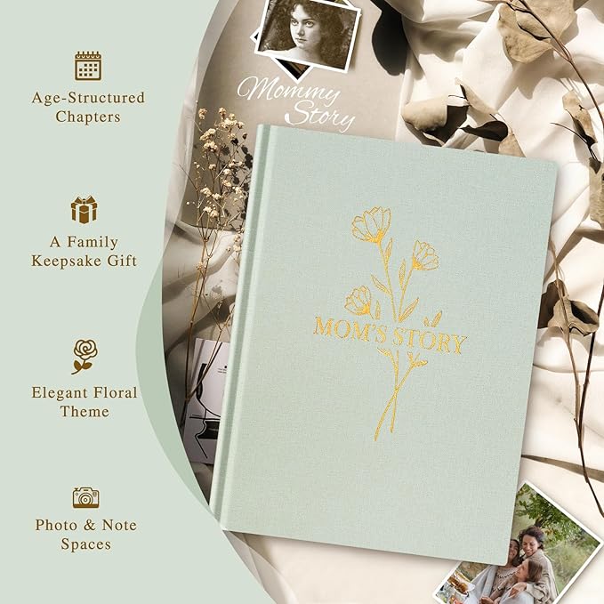 Lanpn Mom Life Story Book Journal with 270+ Prompts, Linen Hardcover Mother Story Guided Journal, Mom Memory Keepsake Book to Fill Out, Mother's Day Birthday Christmas Gift for Mom, Sage Green