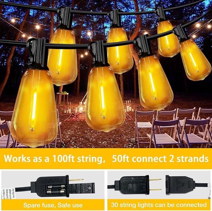 DAYBETTER 120FT Outdoor String Lights Waterproof 60 pcs Warm White LED Bulbs 2700K for Patio, Yard, Garden & Holiday Decor Durable Weatherproof Lights for Parties, Weddings, Backyard Lighting