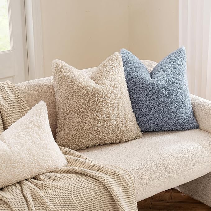 MIULEE Pack of 2 Dusty Blue Faux Fur Throw Pillow Covers 18x18 Inch Boucle Decorative Sherpa Pillow Covers Fuzzy Accent Soft Sheepskin Fleece for Boho Home Decor Sofa Living Room Couch Bed