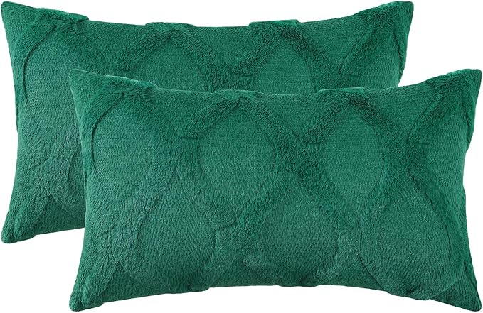 decorUhome Christmas Throw Pillow Covers 12x20 Inch Set of 2, Soft Plush Faux Fur Wool Lumbar Green Couch Pillow Covers, Decorative Neutral Pillow Cases for Bed Sofa Living Room Home Decor
