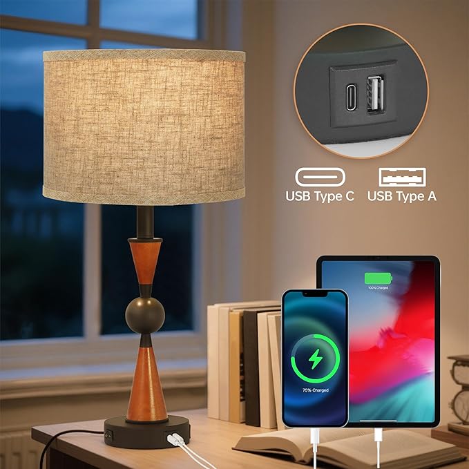 23'' Modern Table Lamps Set of 2 - Farmhouse Bedside Lamps for Bedroom with USB A+C, Wooden Lamps for Night Stands, Lamp for Living Room End Tables