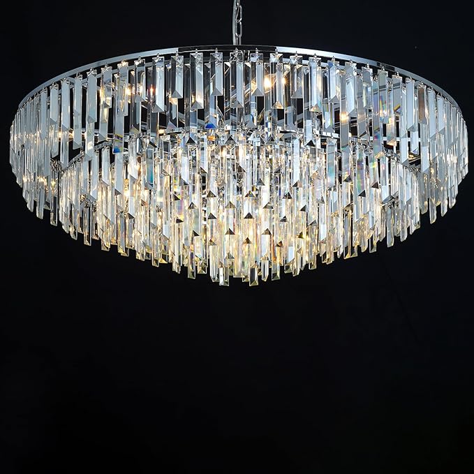 Chrome Crystal Chandelier for Dining Room, 40" Modern Round Luxury Chandeliers 7-Tier 17 Lights Large Adjustable Height Ceiling Hanging Pendant Light Fixture for Living Room Bedroom Foyer