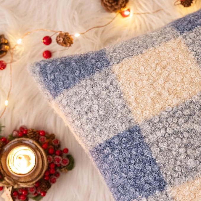 AQOTHES Blue White Plaid Winter Throw Pillow Covers 18x18 Inch Set of 2, Boucle Faux Fur Pillow Covers,Cozy Fluffy Home Living Room Farmhouse Decor for Sofa Couch Bed