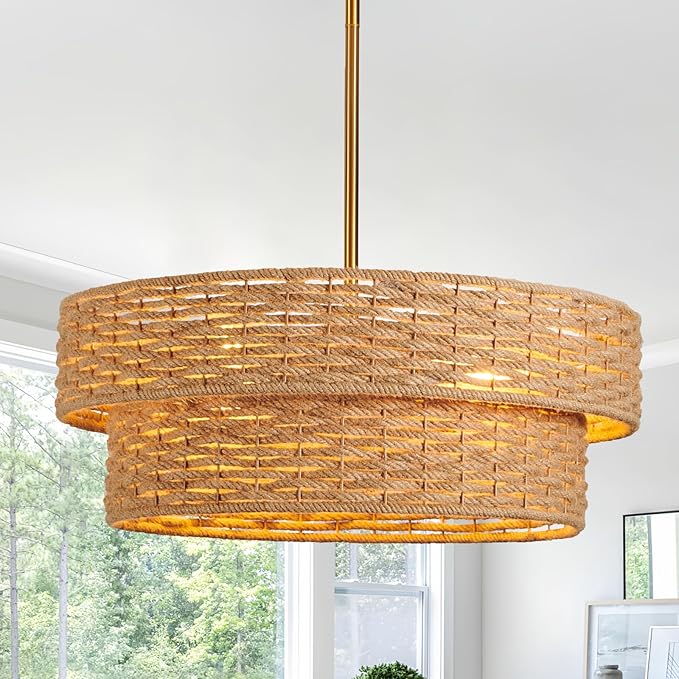 22.8in Woven Rattan Lighting Fixture, Large Boho Coastal Pendant Lights, 2-Tier Rope Chandelier with Fabric Shade for Kitchen Island, Dining Room, Bedroom, Restaurant, Hallway