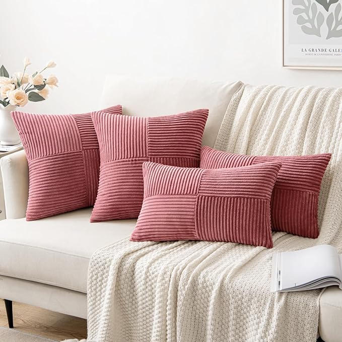MIULEE Cranberry Red Corduroy Pillow Covers Pack of 2 Boho Decorative Spliced Throw Pillow Covers Soft Solid Couch Pillowcases Cross Patchwork Textured Covers for Living Room Bed Sofa 20x20 inch