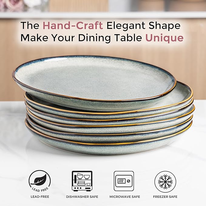 AmorArc Ceramic Dinner Plates Set of 6, 10.5 Inch Handmade Reactive Glaze Stoneware Plates, Rustic Shape Dinnerware Dish Set for Kitchen, Microwave & Dishwasher Safe, Scratch Resistant