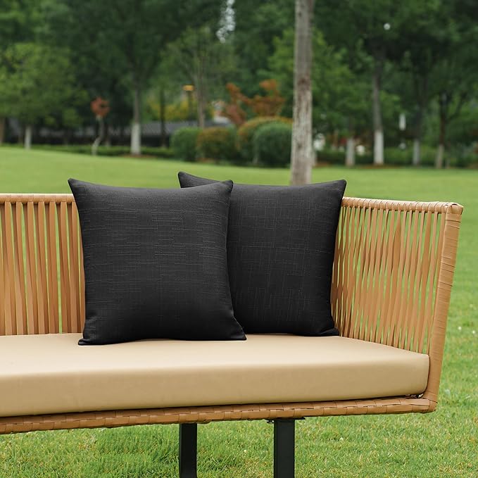 NiNi ALL Pack of 2 Decorative Outdoor Waterproof Pillow Covers Square Garden Linen Textured Cushion Sham Throw Pillowcase Set of 2 for Patio Farmhouse Garden Tent Couch 22x22 Inch Black