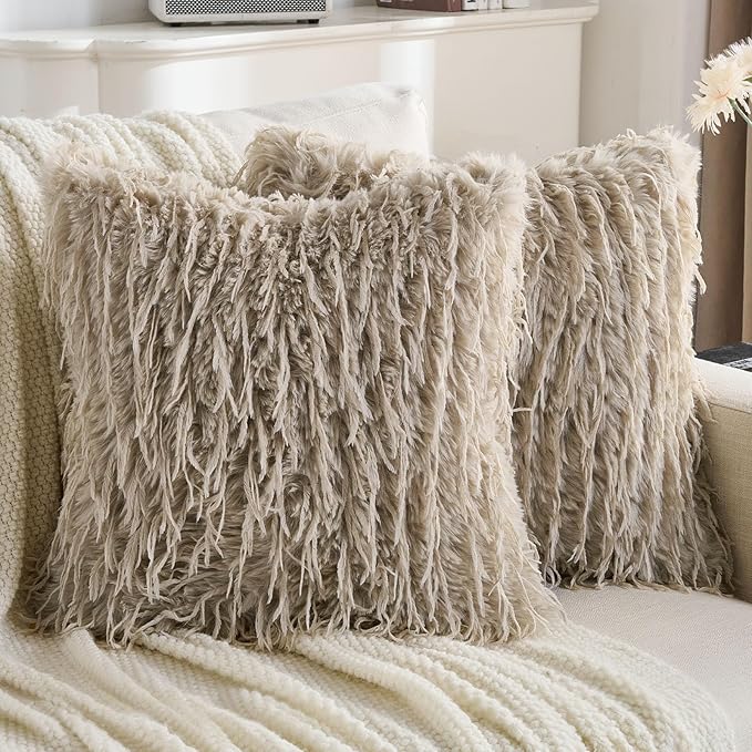 FUTEI Khaki Decorative Throw Pillow Covers 24x24 Inch Set of 2,Soft Fluffy Faux Feather Texture European Cushion Cases,Modern Home Luxury Decor for Couch Bed Living Room