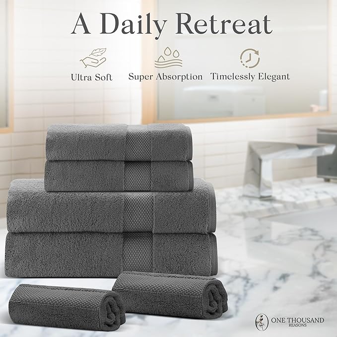 Premium Staple Cotton Bathroom Towel Set - Dark Gray 600 GSM 6-Piece Luxury Bath Towel Set 1 Stripe - 2 Bath Towels, 2 Hand Towels & 2 Washclothes Set - High Absorbent & Quick Dry for Gym, Spa, Hotel