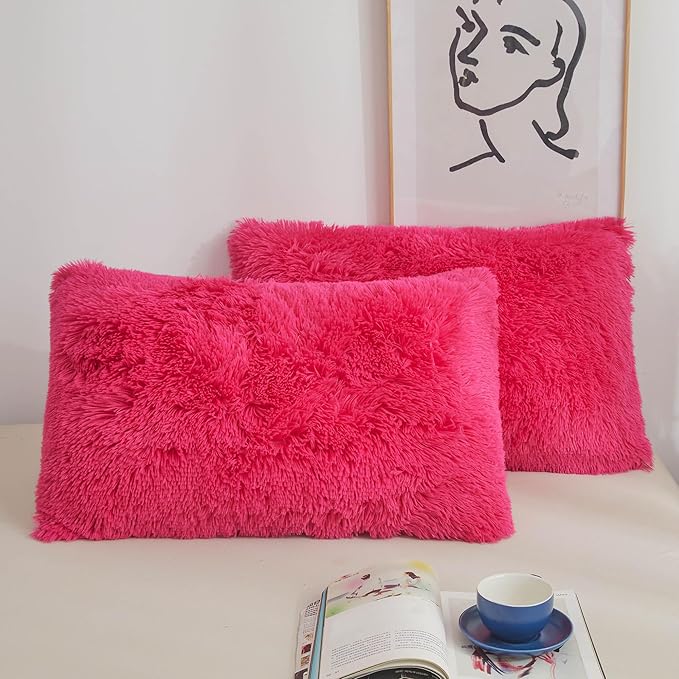 XeGe Faux Fur Fluffy Pillow Cases, Soft Plush Shaggy Furry Hot Pink Pillowcases, Velvet Fuzzy Decorative Throw Pillow Covers for Bed Couch, Zipper Closure, Set of 2(King Size, Hot Pink)