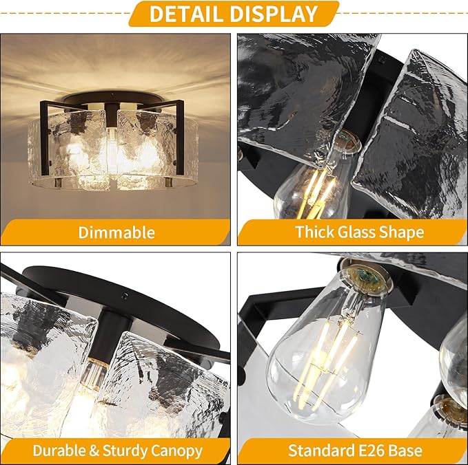 18.5'' Modern Black Semi Flush Mount Ceiling Light, Entryway Light Fixture, 4-Light Glass Ceiling Lights for Hallway Foyer Kitchen Island Dining Room Bedroom Living Room Lighting Fixtures, UL-Listed
