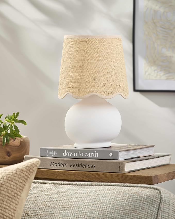 BoutiqueRugs Navarro Boho Ceramic Bedside Table Lamp for Bedroom Nightstand and Living Room - Shade Cotton - White, Cream, Beige - 13" H