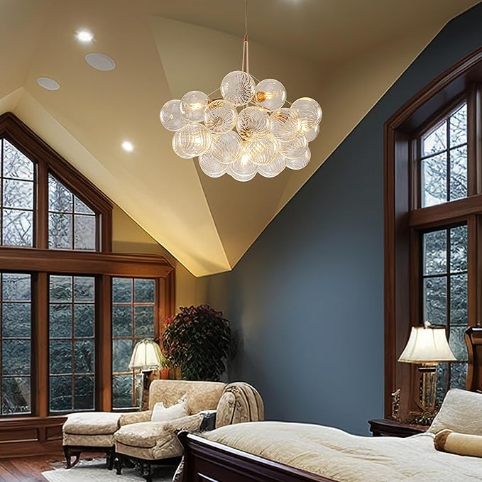 Longree Mid-Century Bubble Chandelier White and Gold 6 Lights Dia 24" Swirled Glass Chandeliers Pendant Light for Kitchen Island, Bedroom, Dining Room